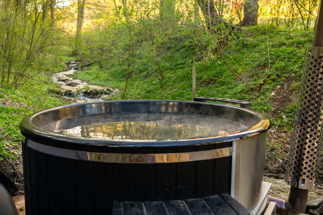 Hot tub set among trees in a forest